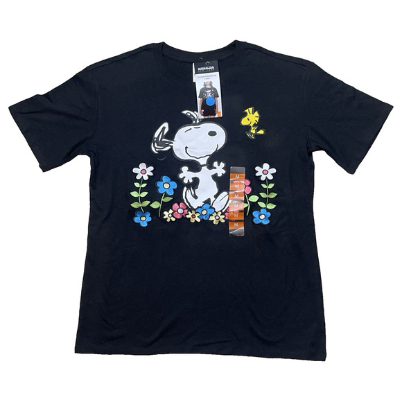 Peanuts Snoopy & Woodstock Womens Size M Black SS T-Shirt Embroidered Flowers - Picture 1 of 12